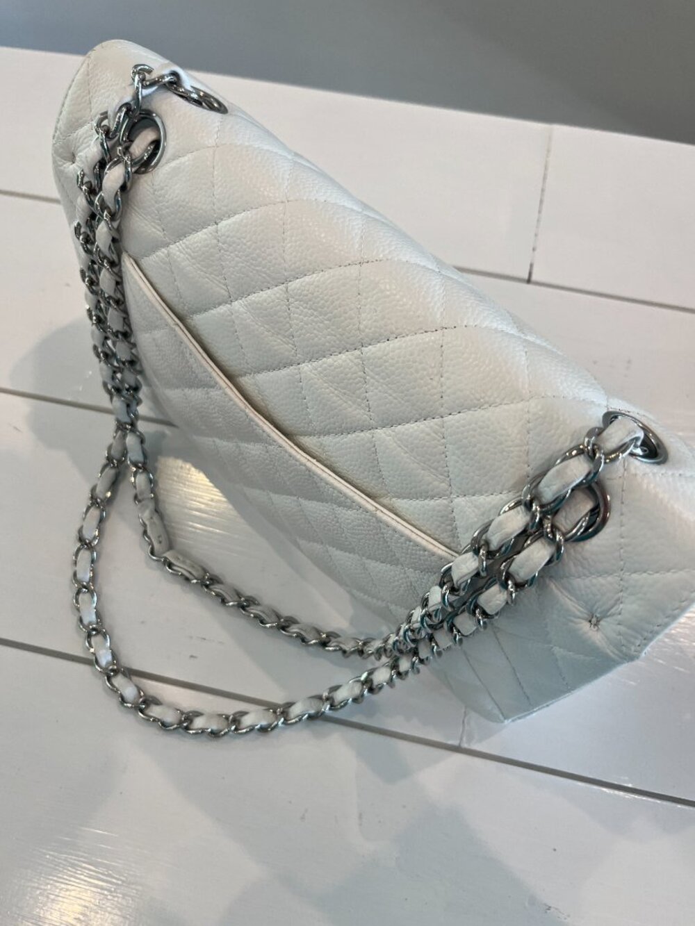 CHANEL White Caviar Medium Double Flap Shoulder Bag with Silver Hardware - Picture 11 of 12